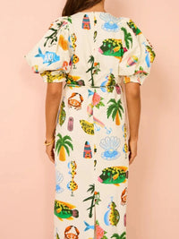 Printed Puff Sleeve Midi Dress