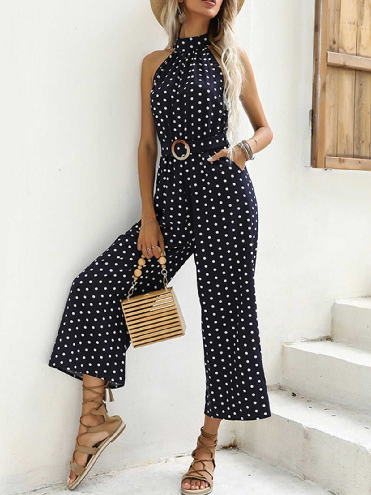 Polka Dot Halter Neck Wide Leg Jumpsuit 100100526983113 42 Affordable Fashion Under $100 Jerry's Apparel 