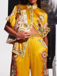 Printed Button Up Shirt and Pants Set