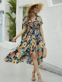 Floral Print Short Sleeve Wrap Midi Dress