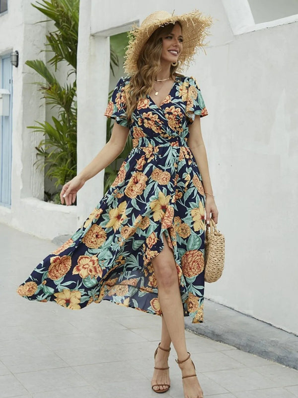 Floral Print Short Sleeve Wrap Midi Dress
