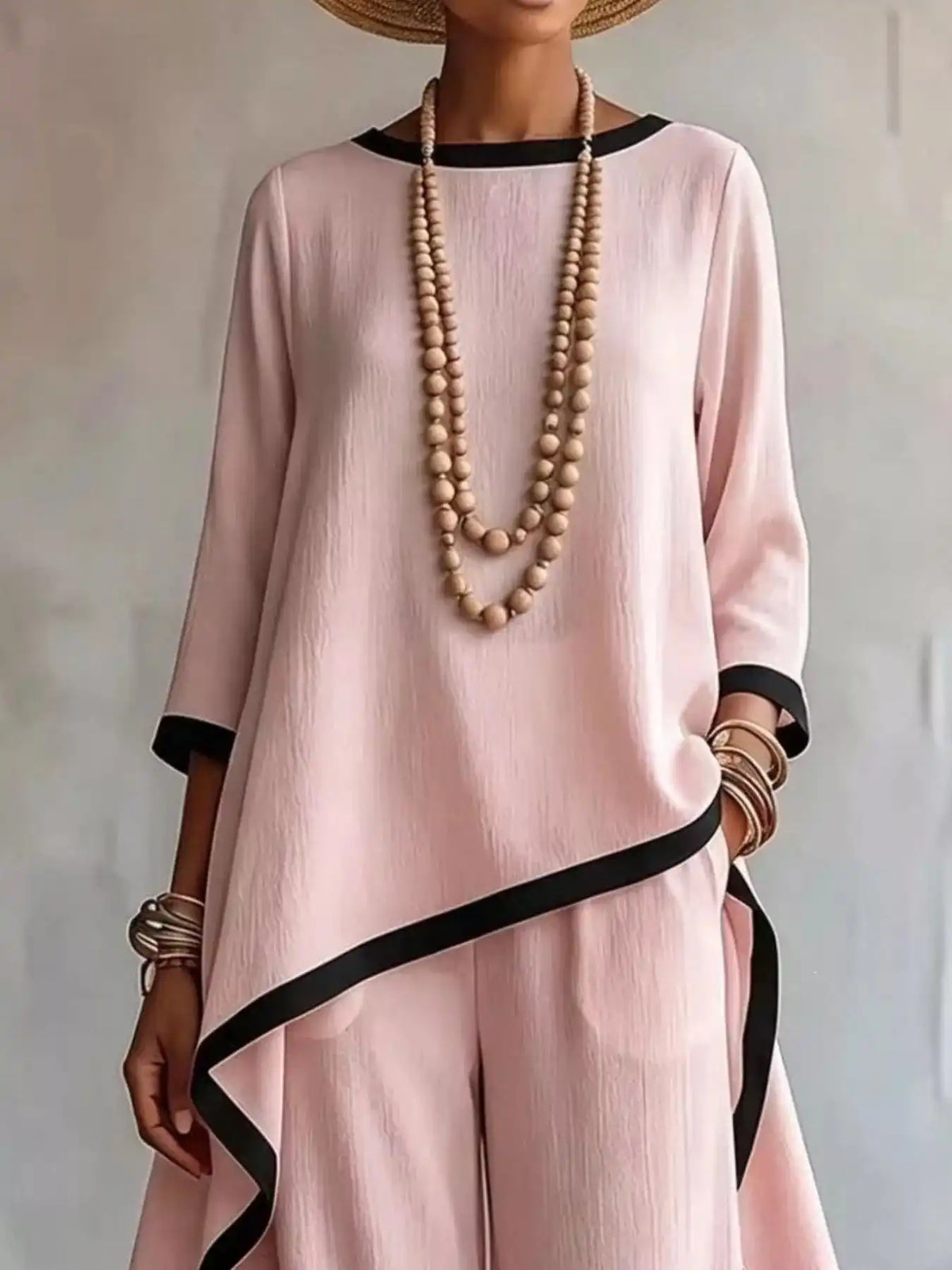 Full Size Contrast Trim High-Low Top and Pants Set Plus Size 101001695377847 67 Women's Pants Set Gifts for Her Jerry's Apparel 