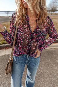 Printed Notched Long Sleeve Blouse