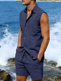 Men's Full Size Button Up Sleeveless Top and Shorts Plus Size 100400363418053 40 Men's Sets Jerry's Apparel 