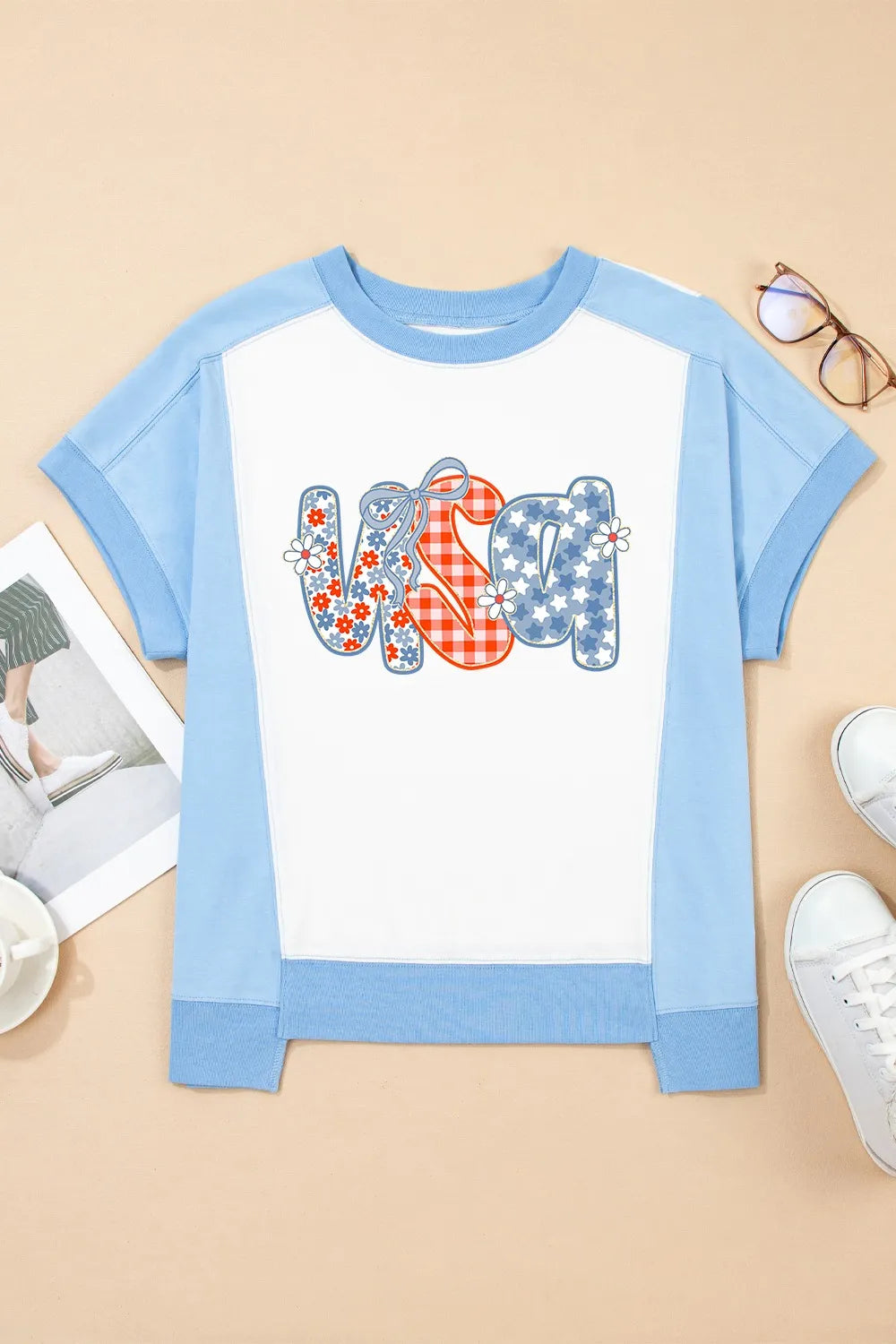Star Plaid Flower USA Graphic Color Block Crewneck T Shirt