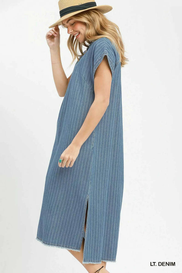 Umgee Pinstripe Denim Collared Midi Dress with Side Slits 100100308381741 66 Affordable Fashion Under $100 Jerry's Apparel 
