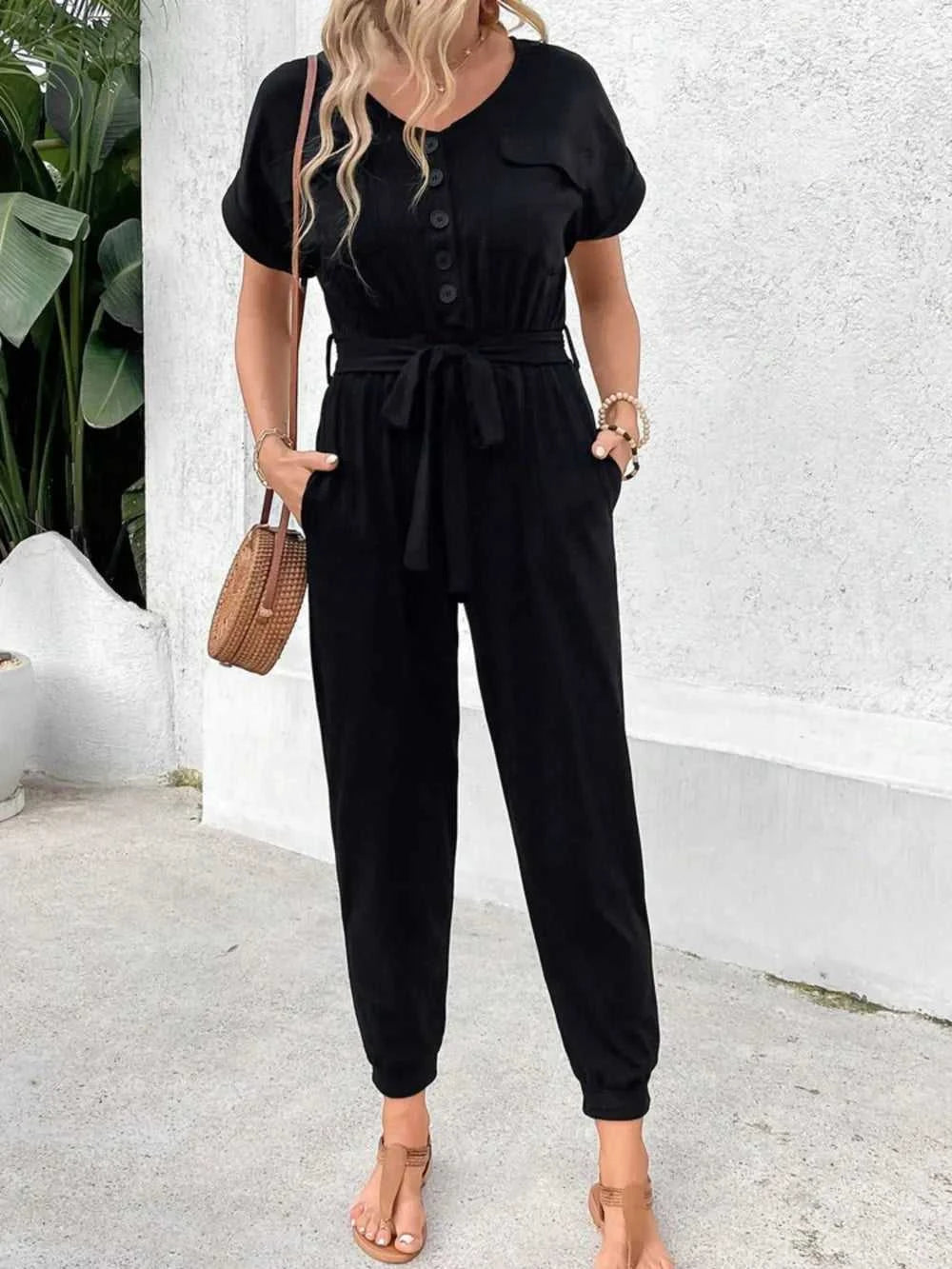Perfee V-Neck Short Sleeve Jumpsuit 100100199501090 43 Affordable Fashion Under $100 Jerry's Apparel 