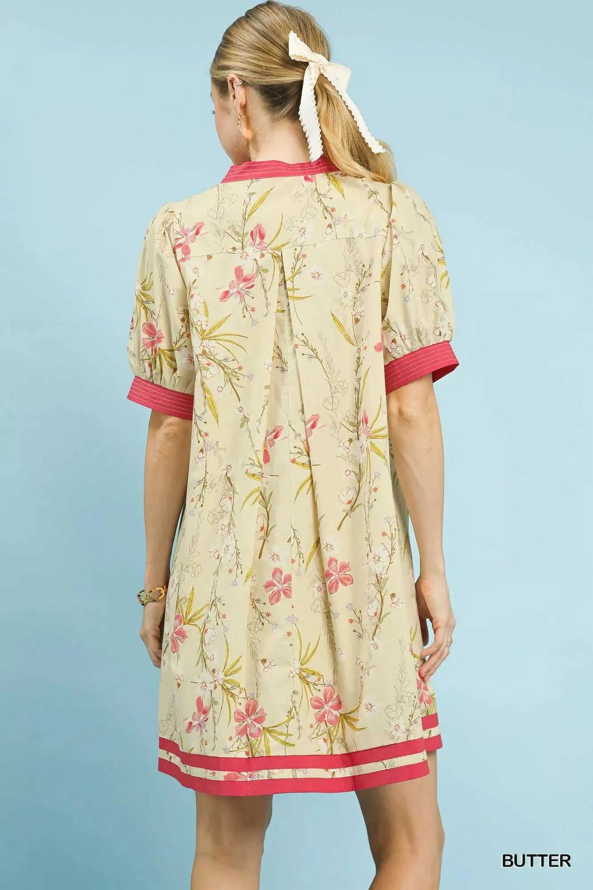 Umgee Floral Puff Sleeve Dress with Contrast Trim 100100153901822 62 Gifts for Her Jerry's Apparel 