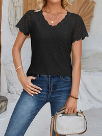 Eyelet Lace Detail V-Neck Short Sleeve Top 100100643487058 23 Affordable Fashion Under $100 Jerry's Apparel 