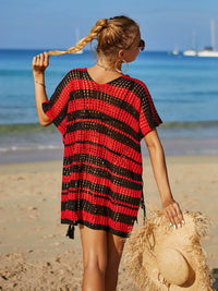 Angel Wings Tassel Openwork Striped V-Neck Cover Up