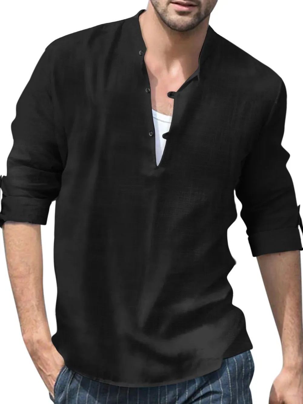 Men's Full Size Button Detail Roll-Tab Sleeve Top Plus Size