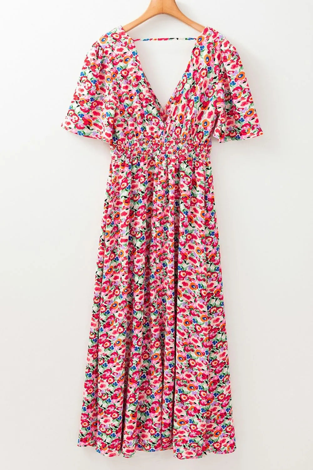 Floral Half Sleeve Deep V Neck Cutout Back Maxi Dress