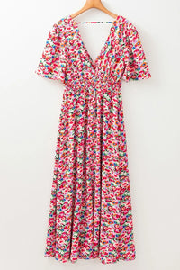 Floral Half Sleeve Deep V Neck Cutout Back Maxi Dress