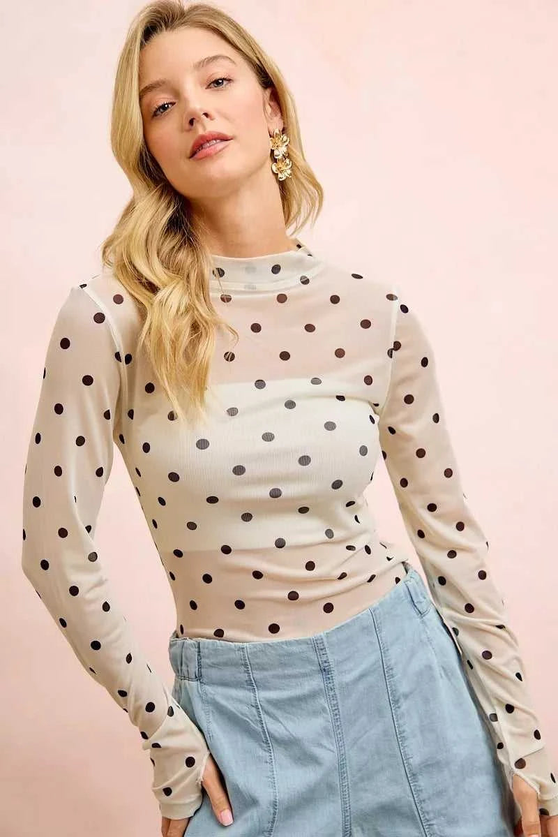 BiBi High Neck Line Polka Dots Mesh Top With Thumb Open 100100247581444 36 Gifts for Her Jerry's Apparel 