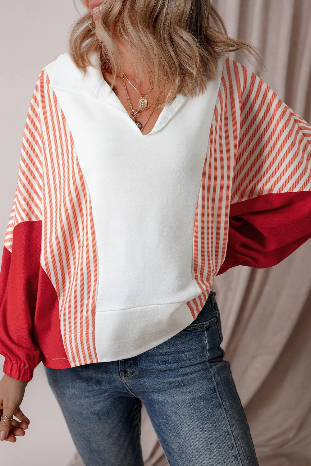 Striped Collared Neck Long Sleeve Sweatshirt