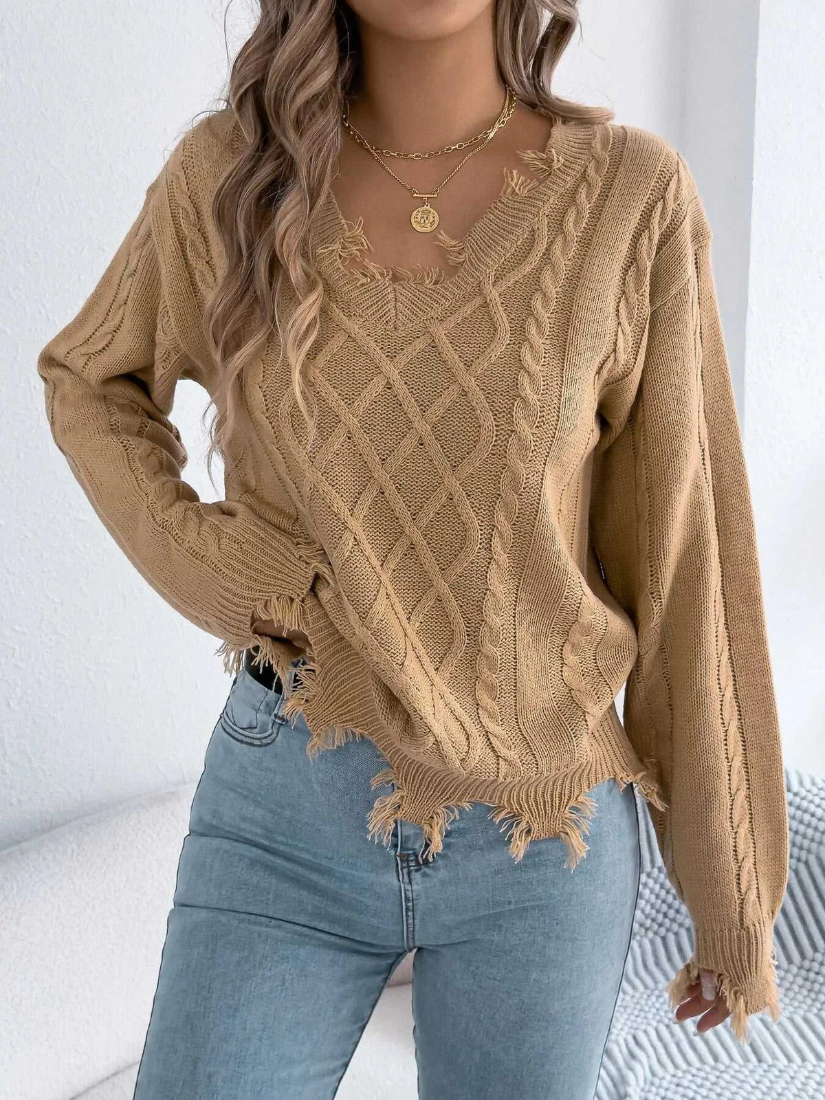 V-Neck Distressed Hem Cable Knit Sweater 101002745879602 36 Affordable Fashion Under $100 Jerry's Apparel 