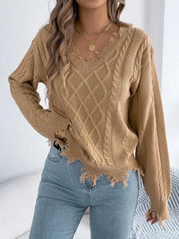 V-Neck Distressed Hem Cable Knit Sweater 101002745879602 36 Affordable Fashion Under $100 Jerry's Apparel 