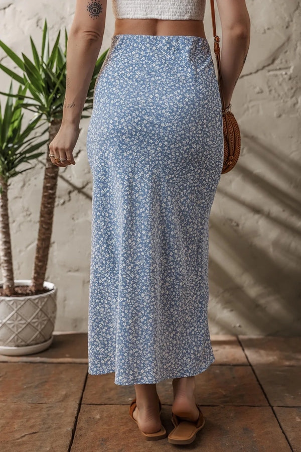 Boho Floral High Waist Skirt with Side Split