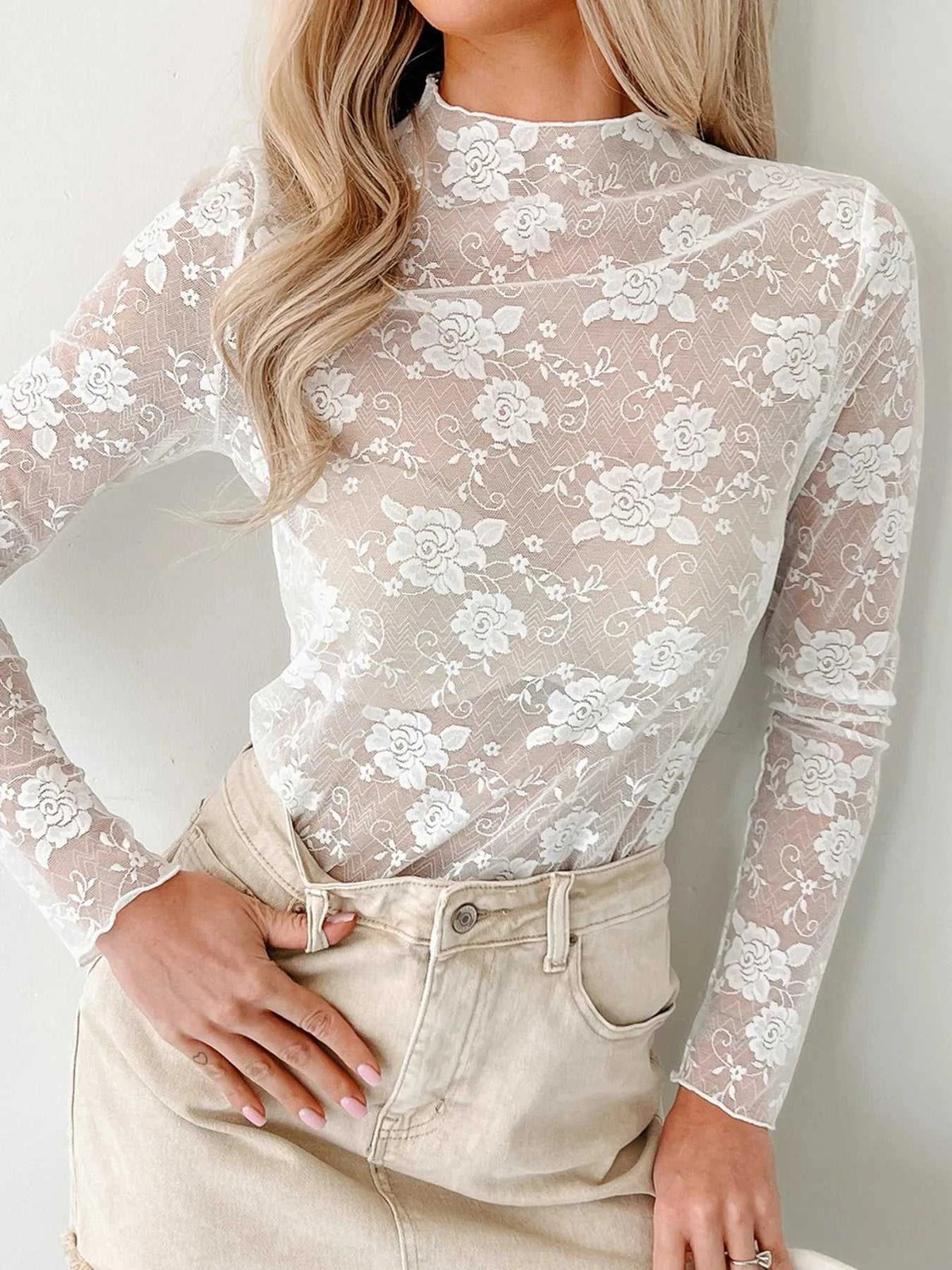 Sheer Floral Lace Mesh Mock Neck Long Sleeve Top 100100902913539 23 Affordable Fashion Under $100 Jerry's Apparel 