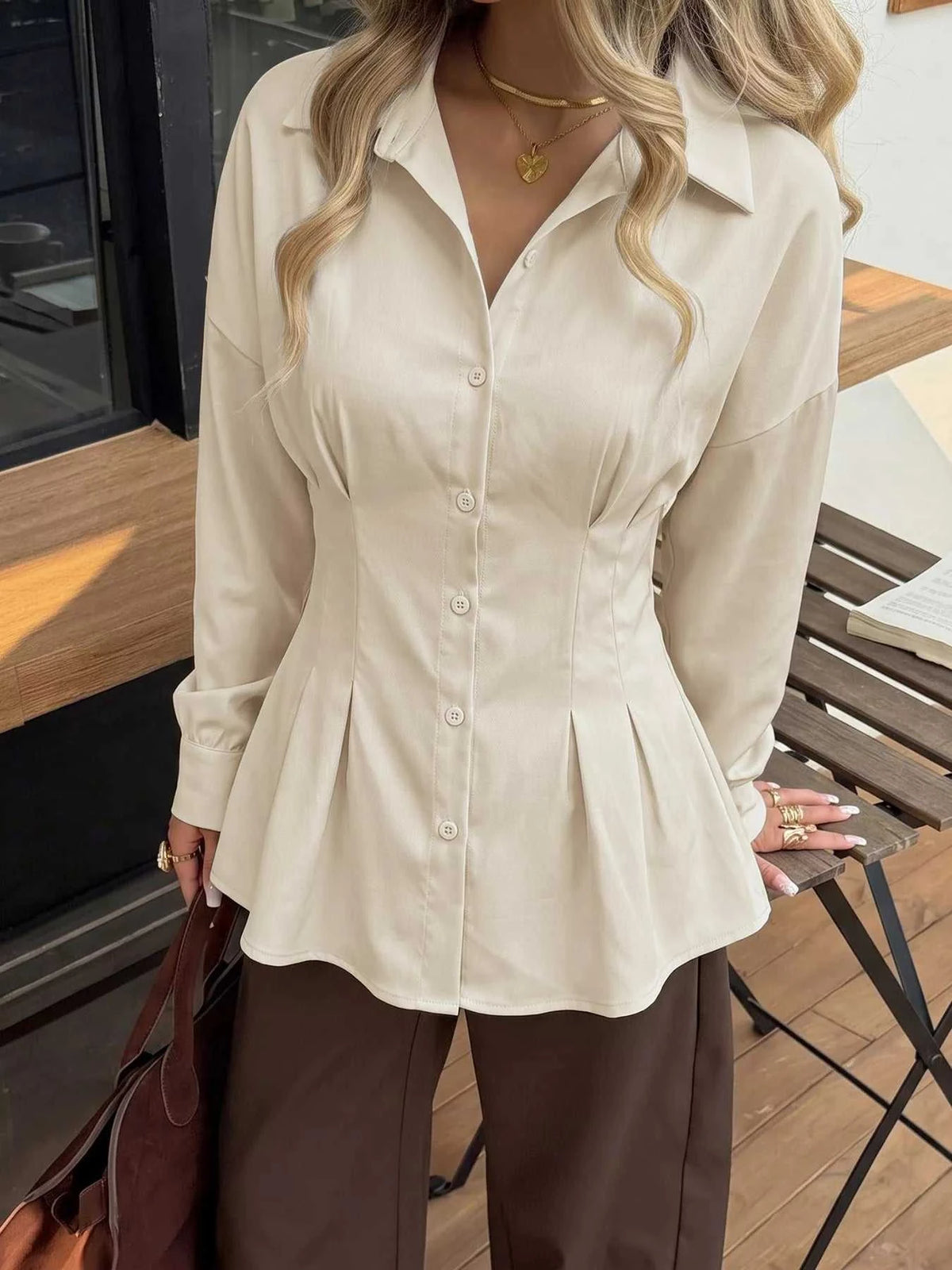 Ruched Button-Up Peplum Shirt 100100541347107 46 Affordable Fashion Under $100 Jerry's Apparel 
