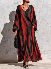 Bohemian Striped V-Neck Loose Top and Wide Leg Pants Set 101001499000333 56 Affordable Fashion Under $100 Jerry's Apparel 