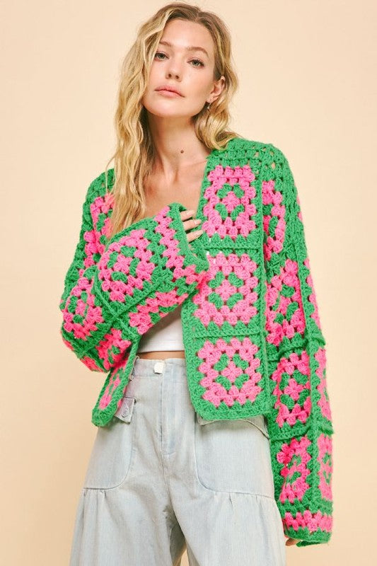 Davi & Dani Full Size Two Tone Flower Square Crochet Open Front Cardigan