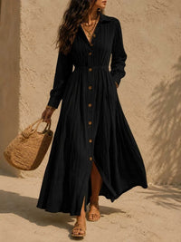 Full Size Textured Button Front Long Sleeve Maxi Dress Plus Size 100100300066352 41 Affordable Fashion Under $100 Jerry's Apparel 