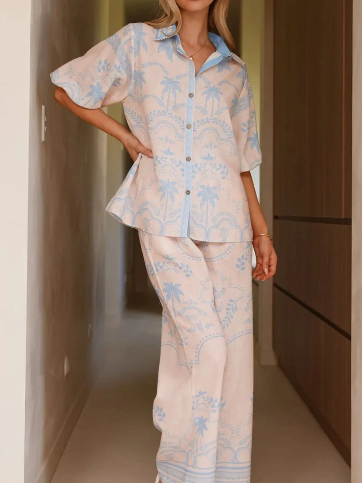 Printed Button Up Shirt and Pants Set