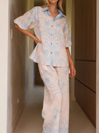 Printed Button Up Shirt and Pants Set