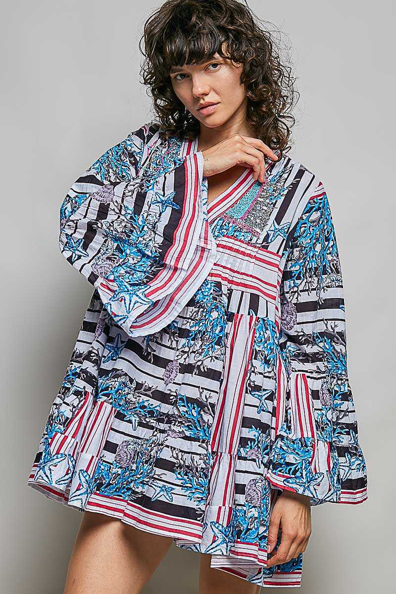 POL Striped Floral Long Sleeve Mini Dress with Pintuck Detail 100100459401126 52 Affordable Fashion Under $100 Jerry's Apparel 