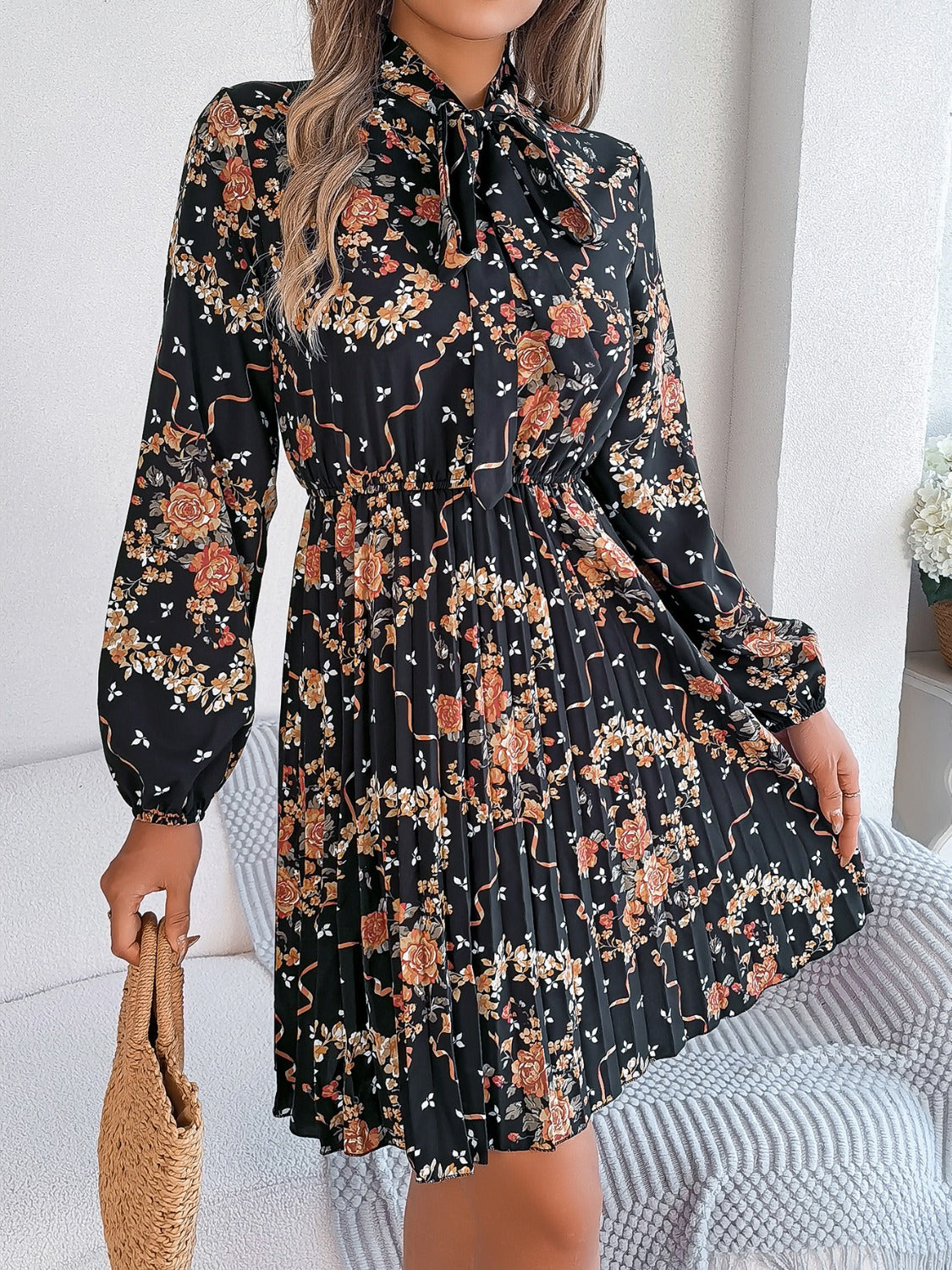 Pleated Printed Tie Neck Long Sleeve Dress