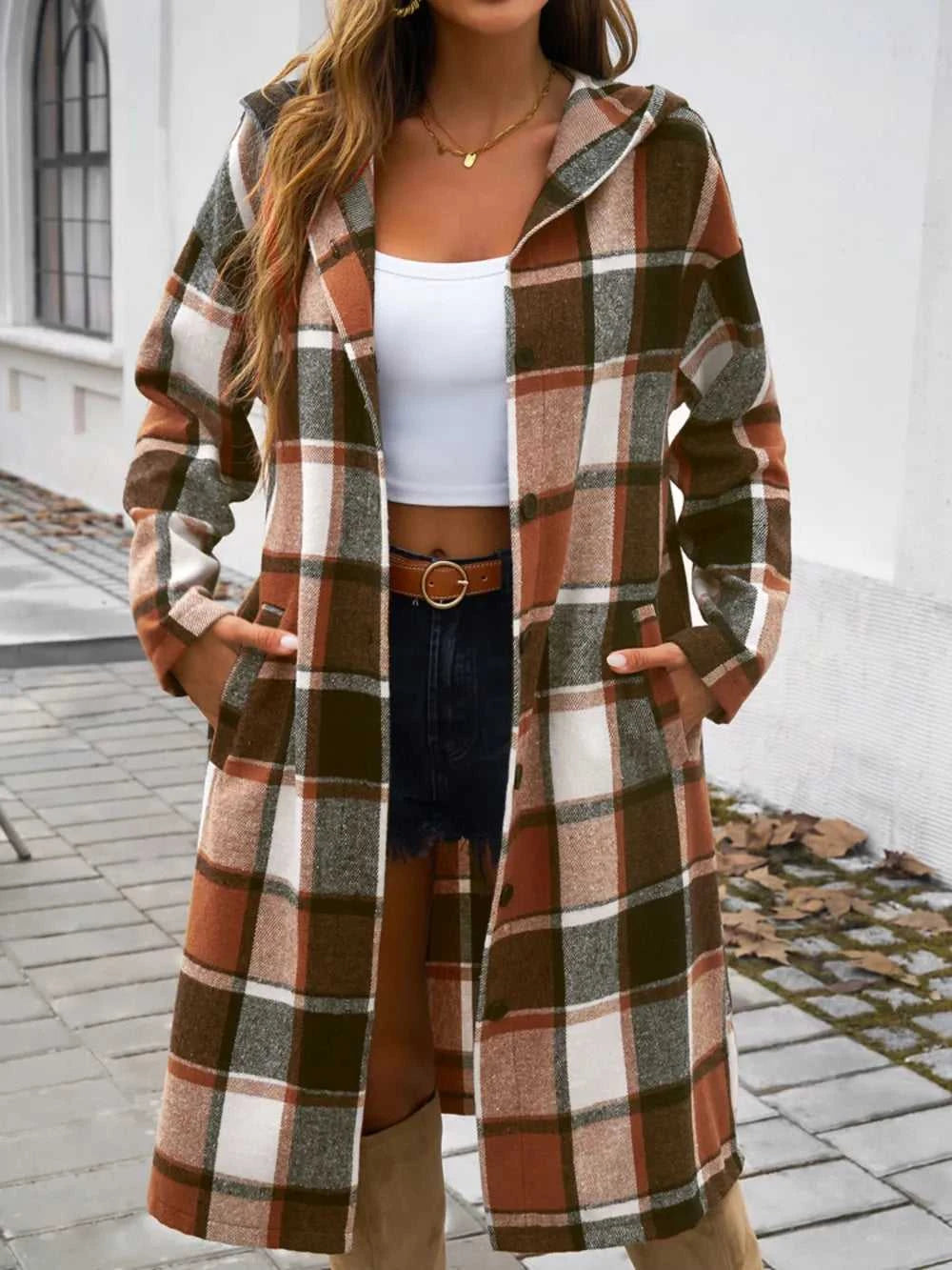 Devine Plaid Long Sleeve Hooded Coat 100100235621127 45 Affordable Fashion Under $100 Jerry's Apparel 