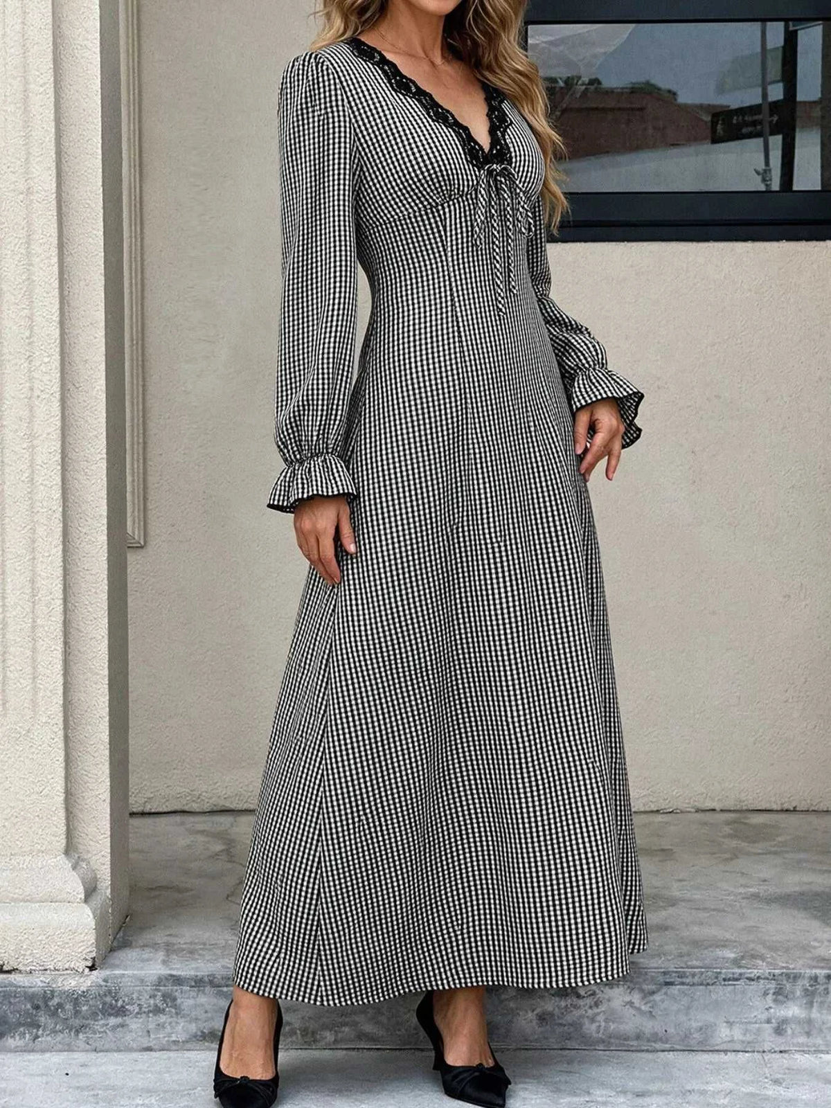 Gingham Lace-Trim V-Neck Long Sleeve A-Line Maxi Dress 101001996406806 52 Affordable Fashion Under $100 Jerry's Apparel 