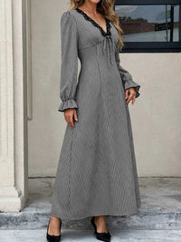 Gingham Lace-Trim V-Neck Long Sleeve A-Line Maxi Dress 101001996406806 52 Affordable Fashion Under $100 Jerry's Apparel 