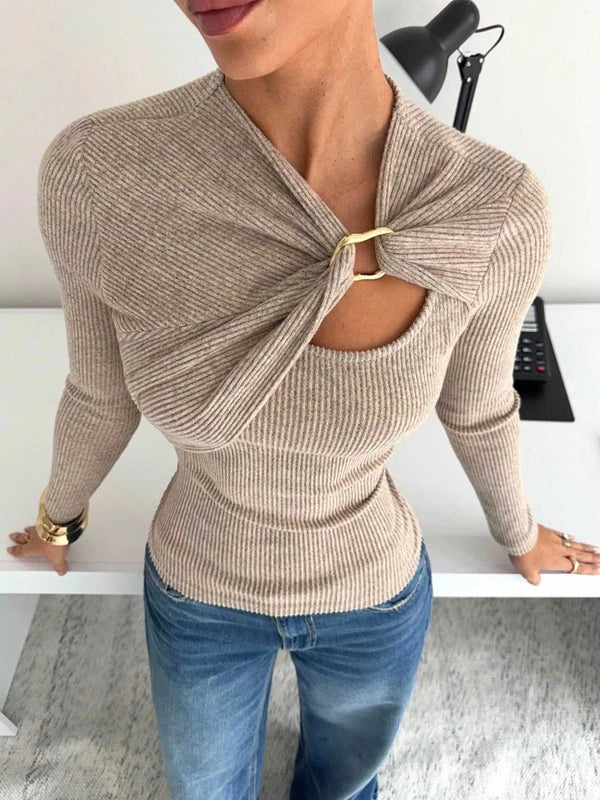 Ribbed Knit Long Sleeve T-Shirt with Metal Ring Cutout Detail 101001556003209 41 Affordable Fashion Under $100 Jerry's Apparel 