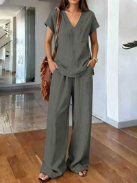 Full Size V-Neck Short Sleeve Top and Pants Set Plus Size 100100910451013 35 Affordable Fashion Under $100 Jerry's Apparel 