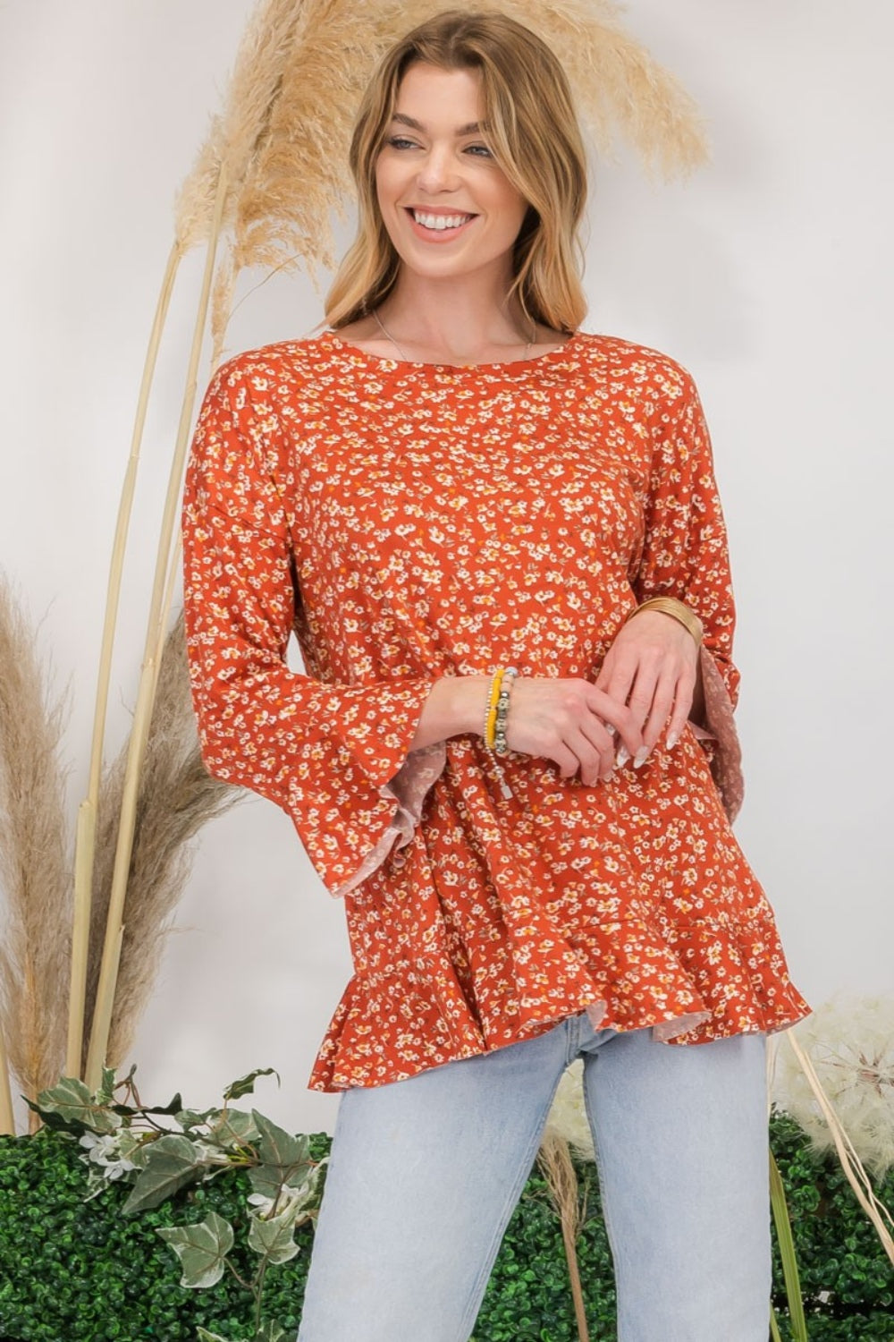 Full Size Floral Ruffle Detail Top