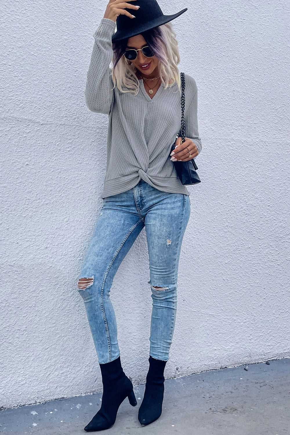 Perfee Twist Front Long Sleeve Waffle Knit Top 100100044696095 26 Affordable Fashion Under $100 Jerry's Apparel 