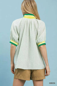 Umgee Botanical Print Puff Short Sleeve Blouse with Contrast Collar 100100283631964 55 Affordable Fashion Under $100 Jerry's Apparel 