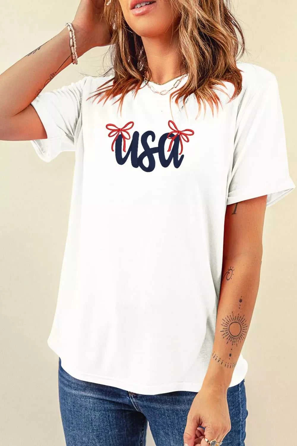 USA Lettering Bow Embroidered T Shirt 100100430685063 45 Affordable Fashion Under $100 Jerry's Apparel 