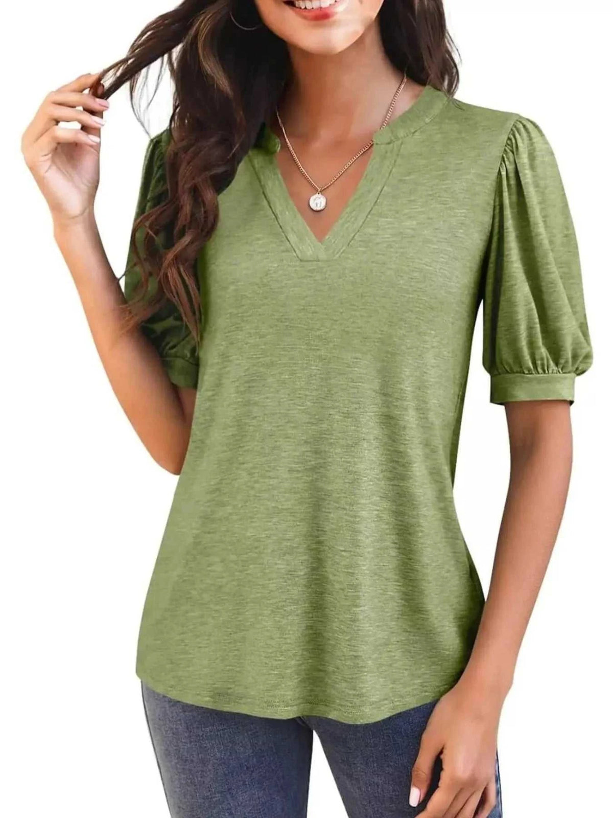 Puff Sleeve Notched Casual T-Shirt 100100978352776 23 Affordable Fashion Under $100 Jerry's Apparel 