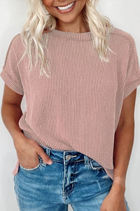 Casual Ribbed Short Sleeve Round Neck T-Shirt