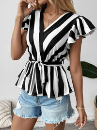 Striped Surplice Flutter Sleeve Wrap Blouse 100100743591516 27 Affordable Fashion Under $100 Jerry's Apparel 