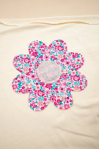 Flower Patched Exposed Stitching Trim Crew Neck Loose Tee