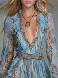 Boho Chic V-Neck Ruffled Long Sleeve Mini Dress 101001344435273 95 Affordable Fashion Under $100 Jerry's Apparel 