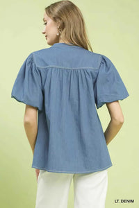 Umgee Denim Button Front Puff Sleeve Boho Blouse 100100988571365 53 Affordable Fashion Under $100 Jerry's Apparel 