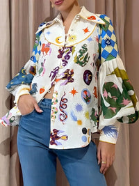 Printed Button Up Lantern Sleeve Shirt