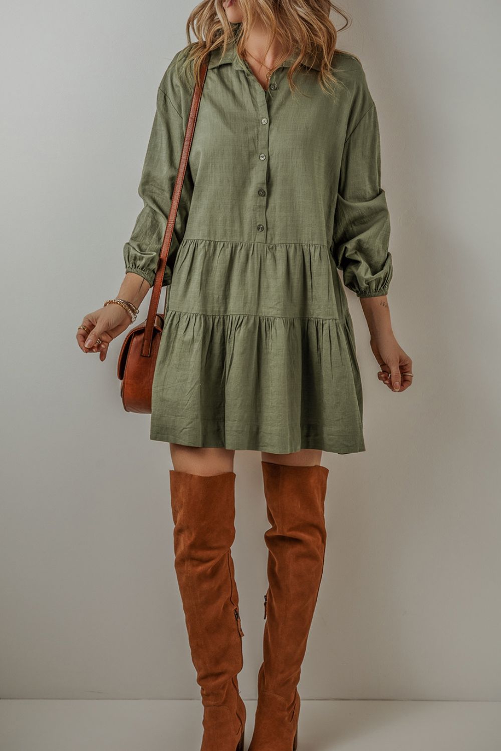 Tiered Collared Neck Balloon Sleeve Shirt Dress