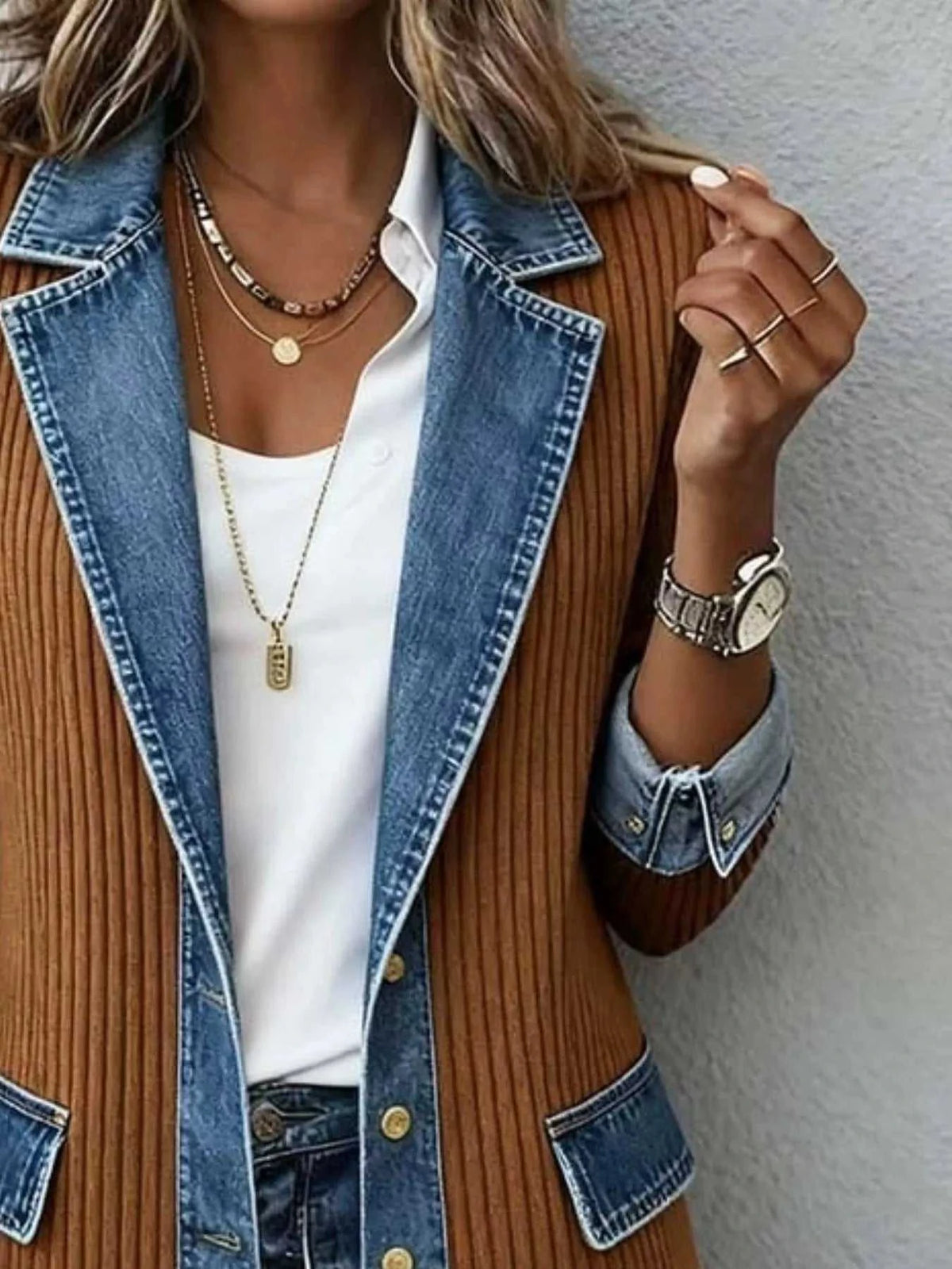 Full Size Denim Trim Ribbed Knit Jacket Plus Size 101001578991997 43 Affordable Fashion Under $100 Jerry's Apparel 