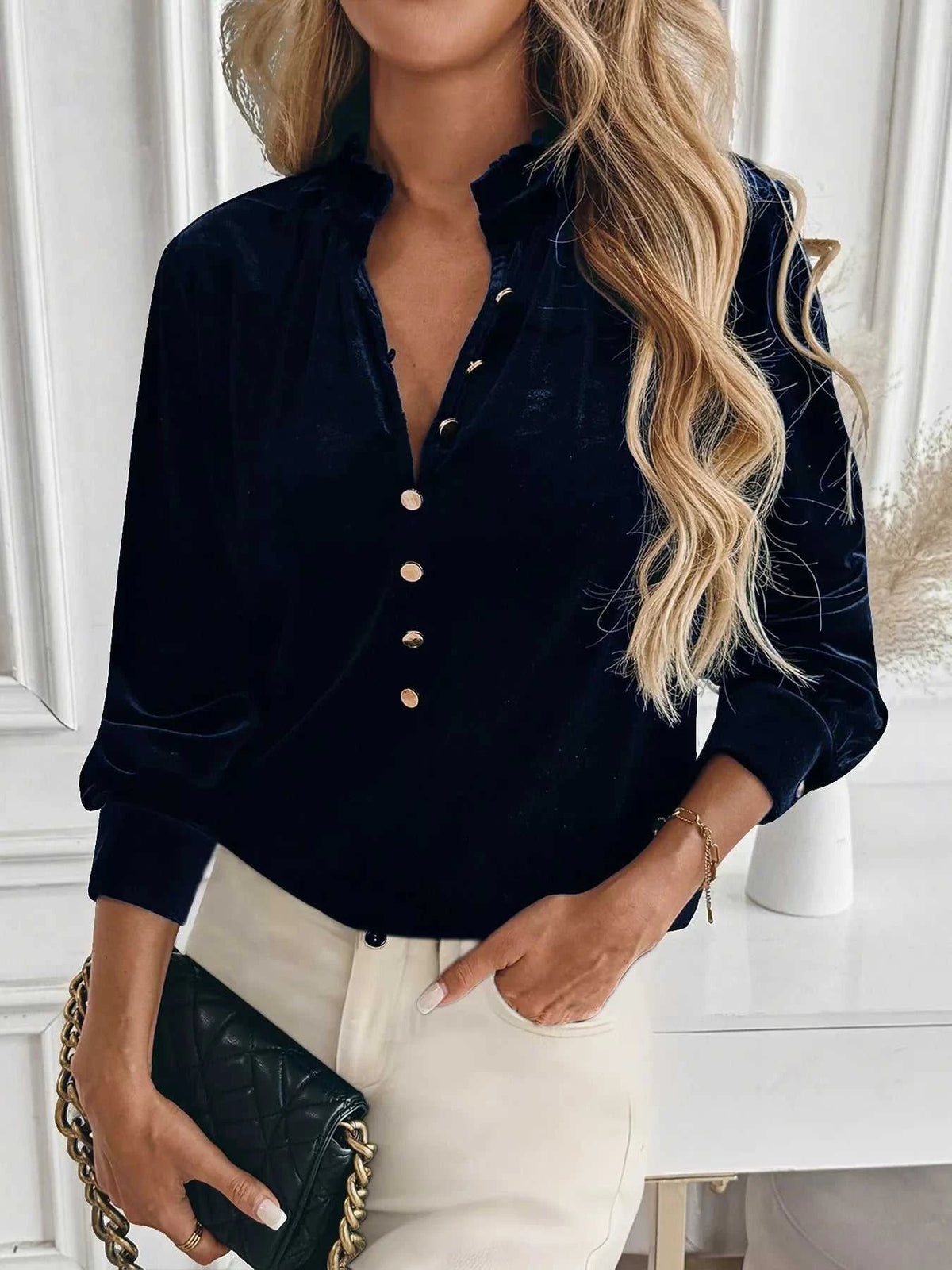 Velvet Button Front Long Sleeve Blouse 100100057554223 43 Affordable Fashion Under $100 Jerry's Apparel 